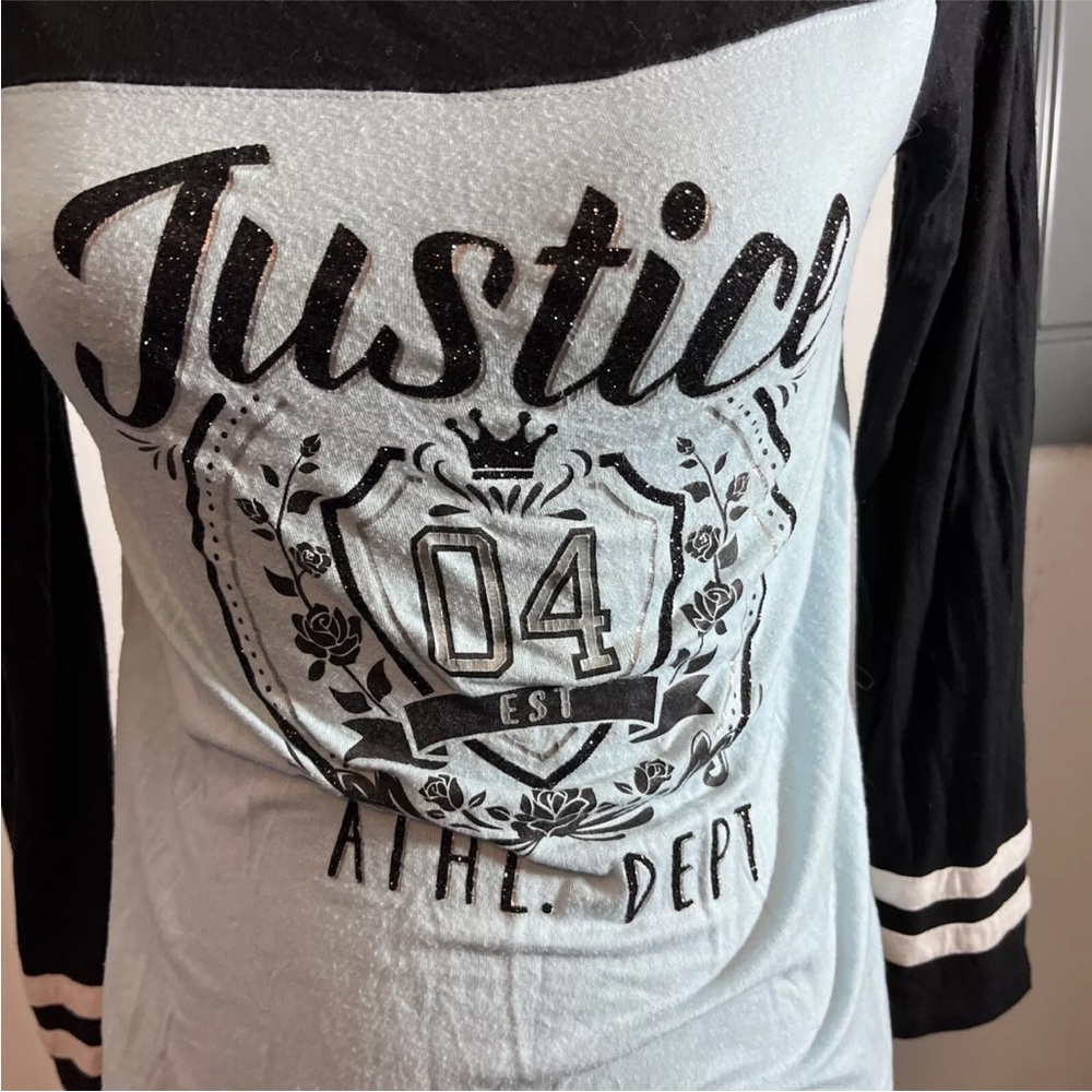 Justice Long Sleeve Shirt Logo #4 Baby Blue Black White Size 12 - Picture 2 of 4